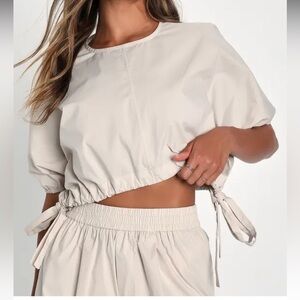 NWT Lulus Coolest Cutie Beige Short Sleeve Drawstring Crop Top